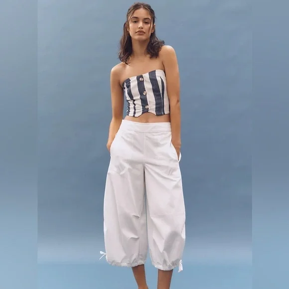 NWT! Anthropologie Pilcro Chalk White Crop Drawstring Cotton Pants - Medium 🎡 - Picture 1 of 5